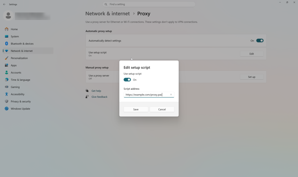 Windows 11 proxy setup script window showing the script URL field.