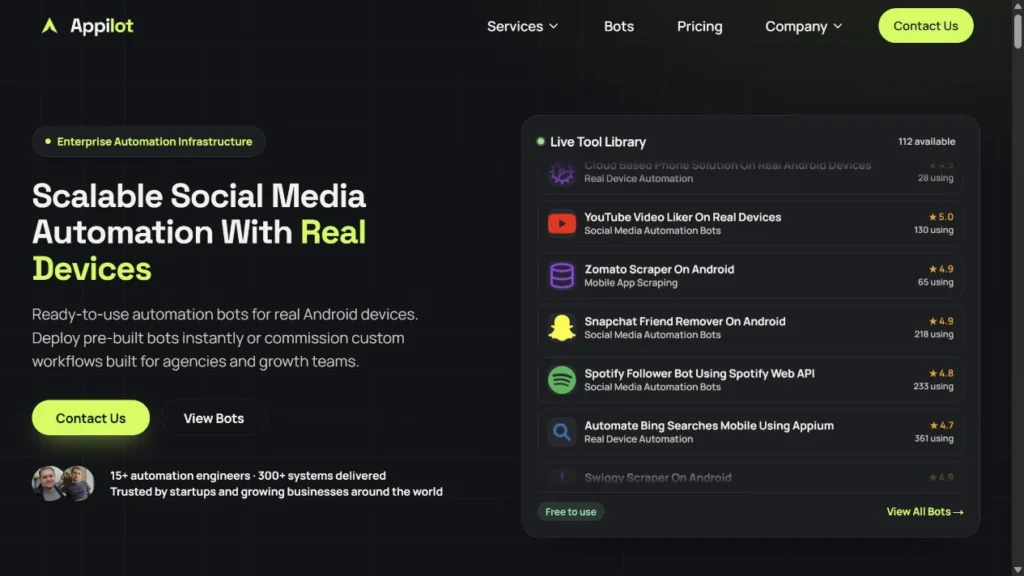 Appilot homepage introducing Android device automation.