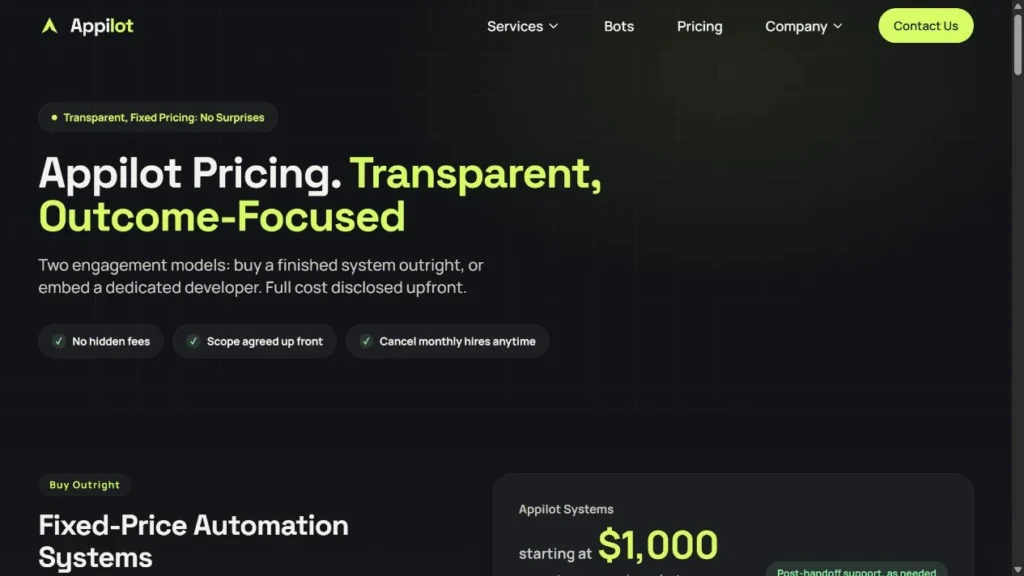 Appilot pricing page showing a fixed-price system and a dedicated developer option.