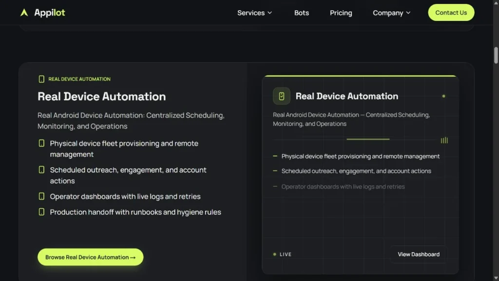 Appilot website section describing automation on physical Android devices.