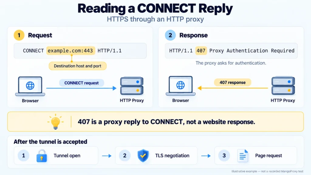CONNECT request to example.com:443 and a 407 proxy authentication response, with TLS and the page request shown after tunnel acceptance.