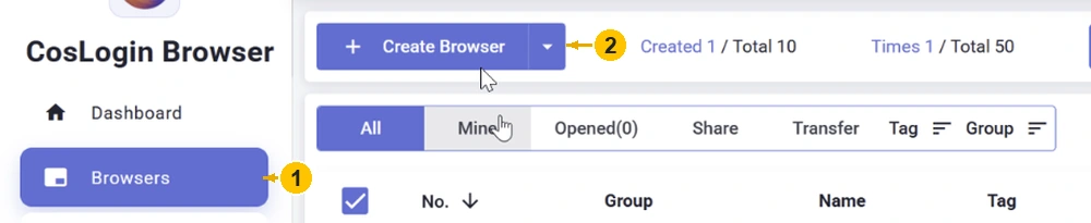 Browsers menu and Create Browser button in CosLogin.