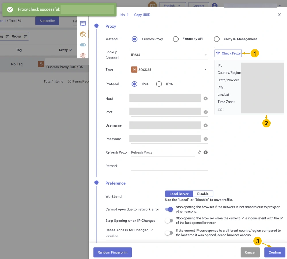 Successful CosLogin proxy check with Check Proxy, the IP information panel and Confirm.