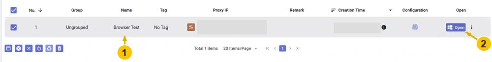 Saved Browser Test profile and its Open button in the CosLogin browser list.