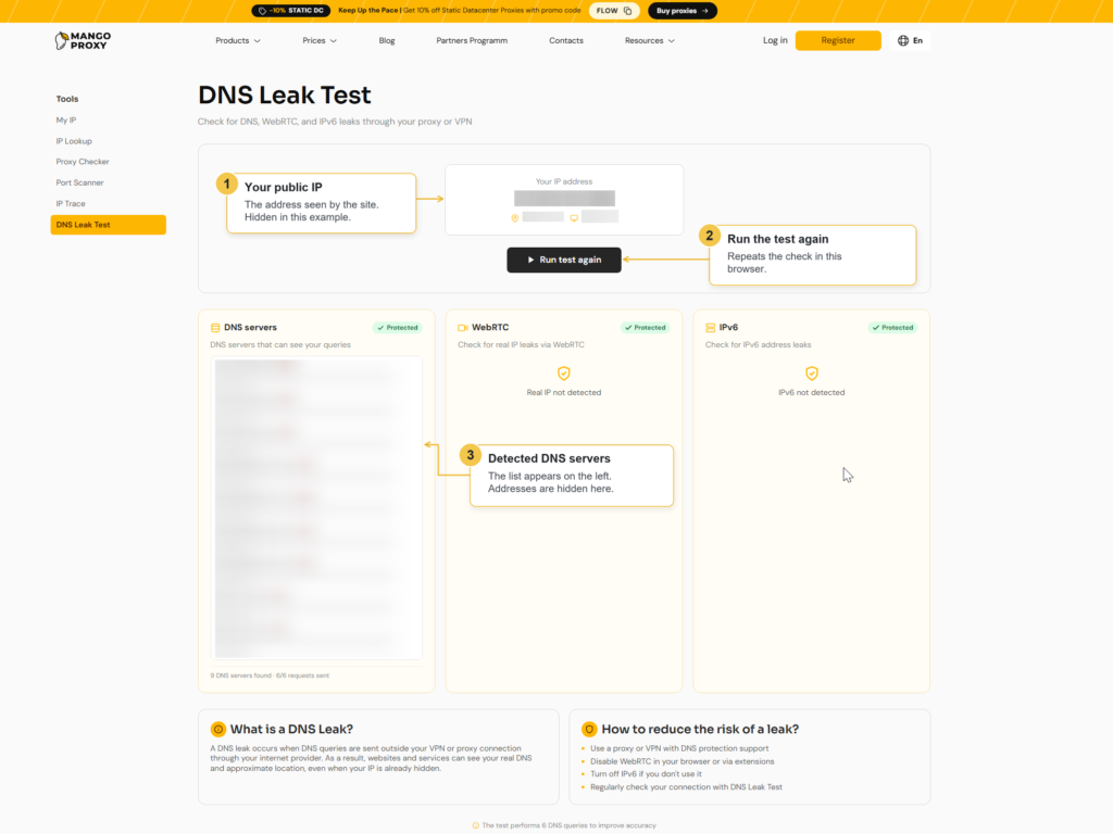 MangoProxy DNS Leak Test results with three callouts for the public IP, repeat-test button, and detected DNS servers; addresses are hidden.