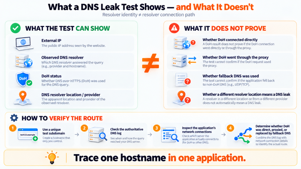 DNS leak test infographic comparing what the test can show with what it cannot prove about DoH and proxy routing