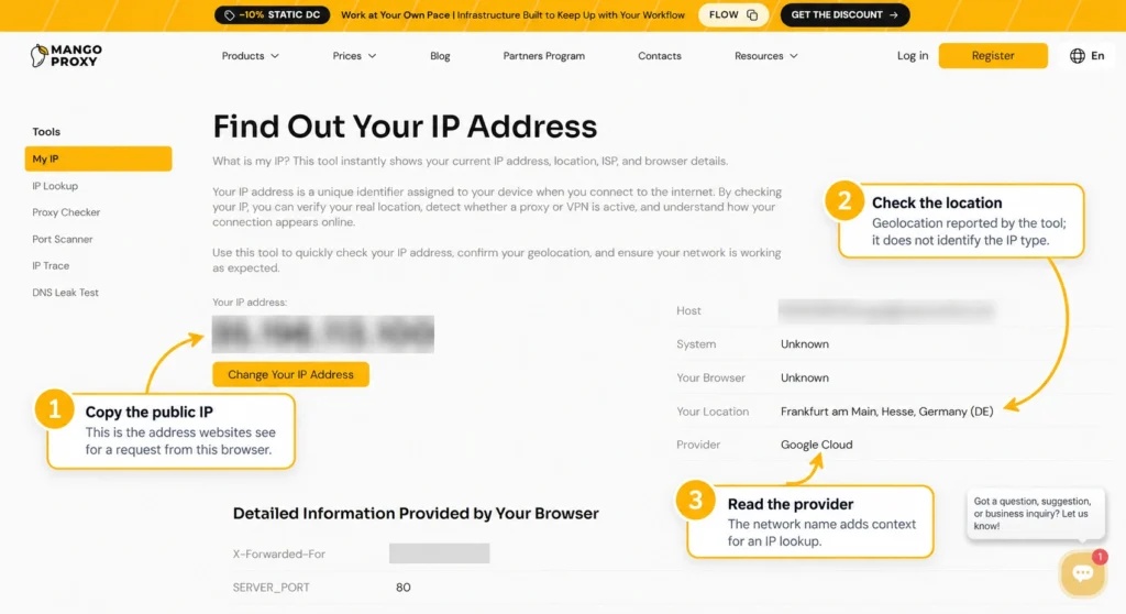 MangoProxy My IP page in English with callouts for the public IP, location and provider; IP, Host and X-Forwarded-For values are hidden.