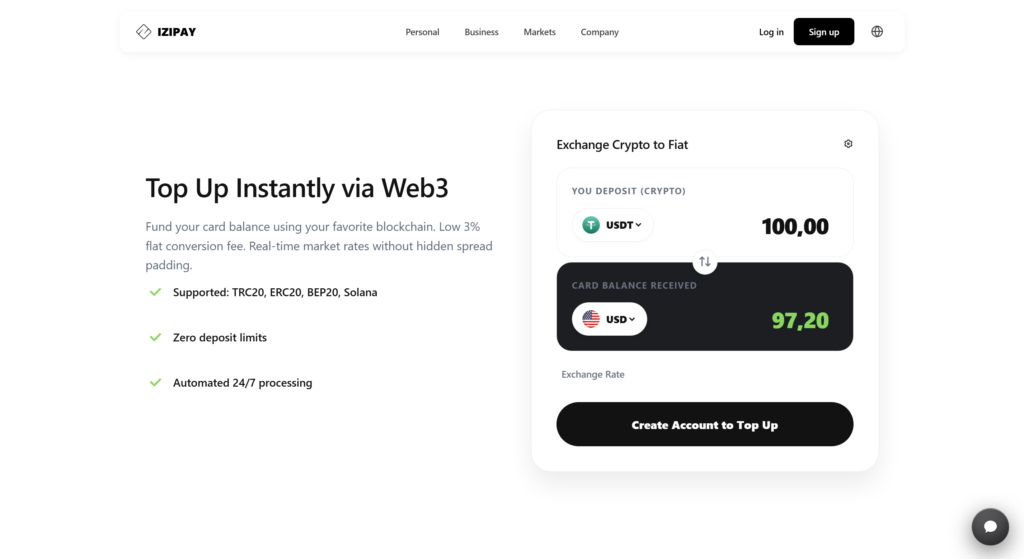 IZIPAY screen listing supported assets or networks for topping up a card.