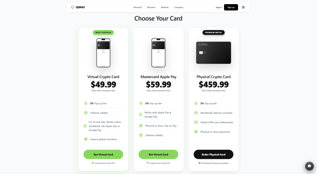 IZIPAY page showing available virtual card options and their stated use cases.