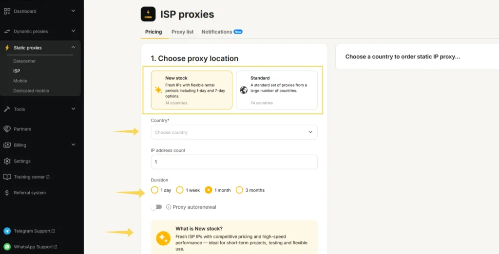 New static ISP proxy stock in the MangoProxy dashboard