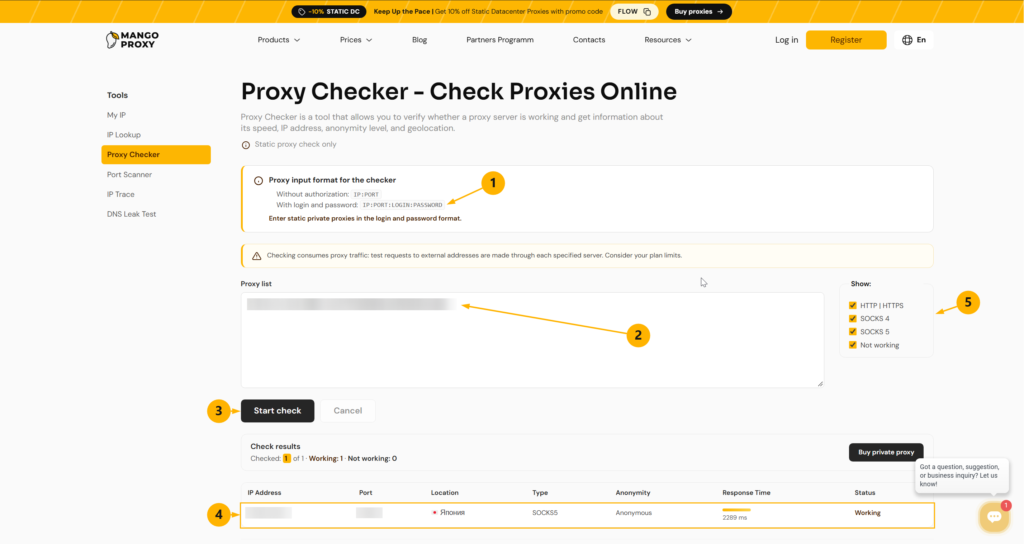 MangoProxy Proxy Checker with numbered markers for the input format, proxy list, start button, result row, and display filters; the report shows a working SOCKS5 connection.
