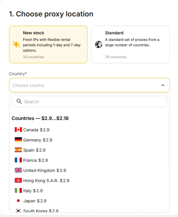 Country selection for the new batch of MangoProxy static ISP proxies