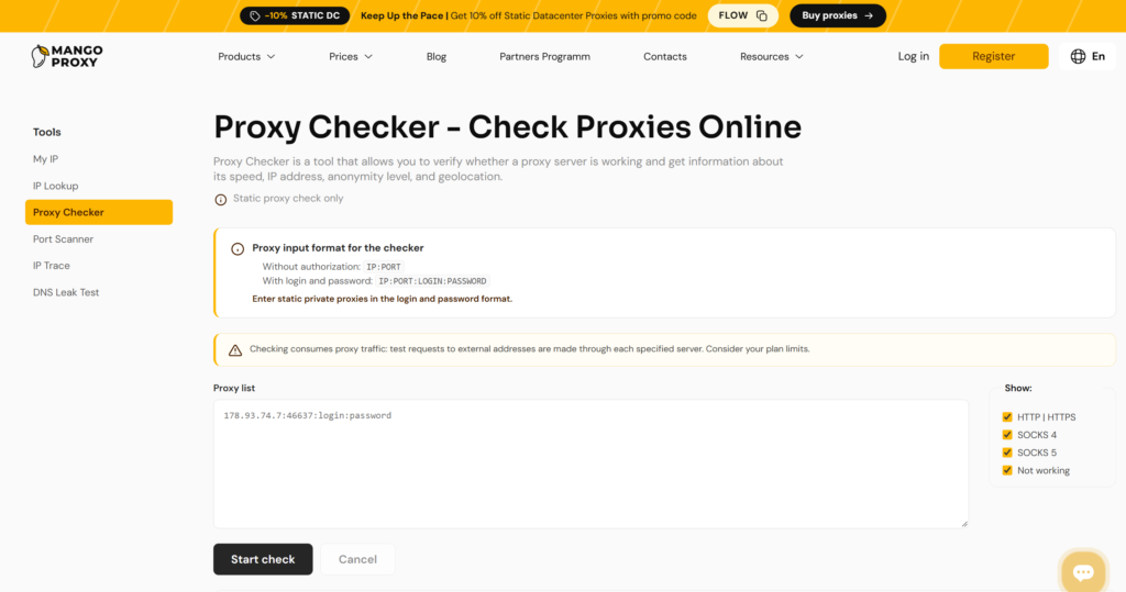 MangoProxy Proxy Checker interface showing the static-proxy restriction and supported input formats.