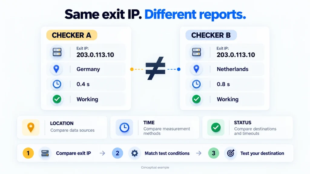 Conceptual reports for the same exit IP, 203.0.113.10, show Germany and the Netherlands with 0.4 and 0.8 seconds, followed by three comparison steps.