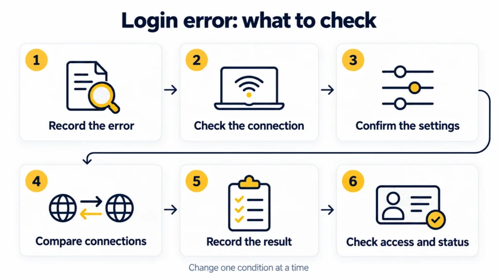 Six troubleshooting steps: record the error, check the connection, confirm settings, compare connections, record the result, and check access and status.