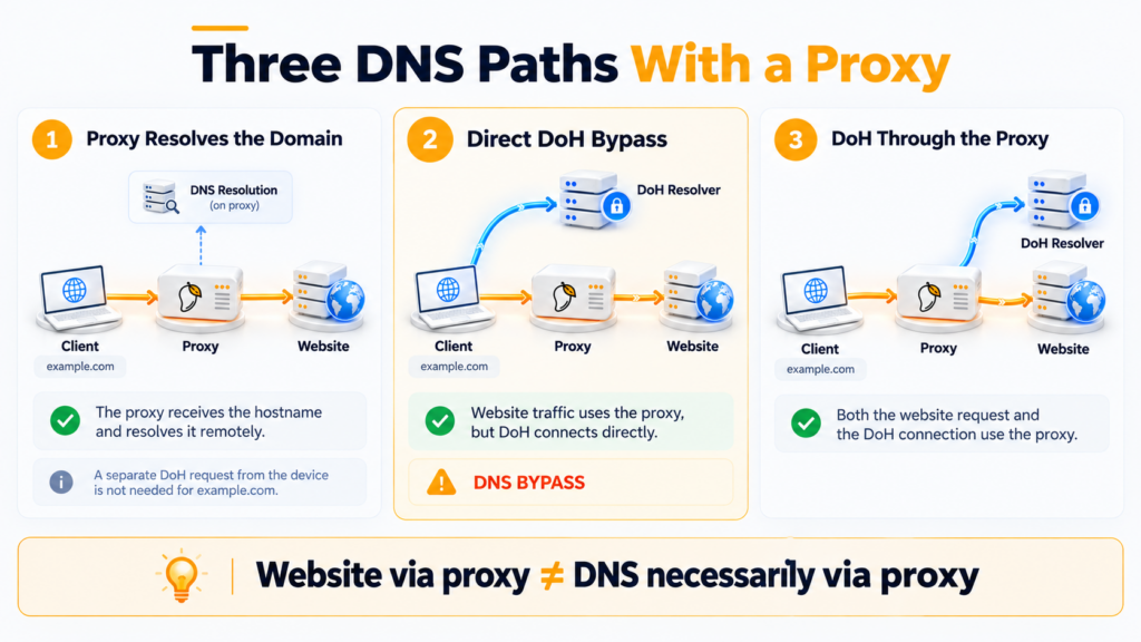 Three DNS paths with a proxy: proxy-side DNS resolution, direct DoH bypass, and DoH routed through the proxy