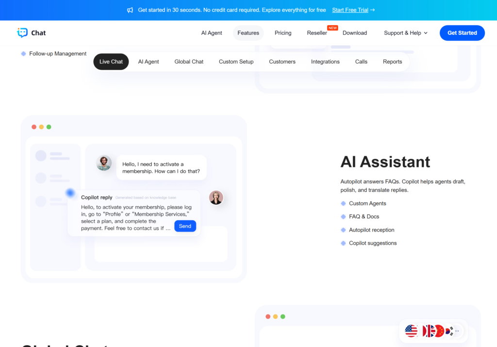 TWT Chat AI Assistant website section showing a Copilot reply based on a knowledge base and a list of AI support features.