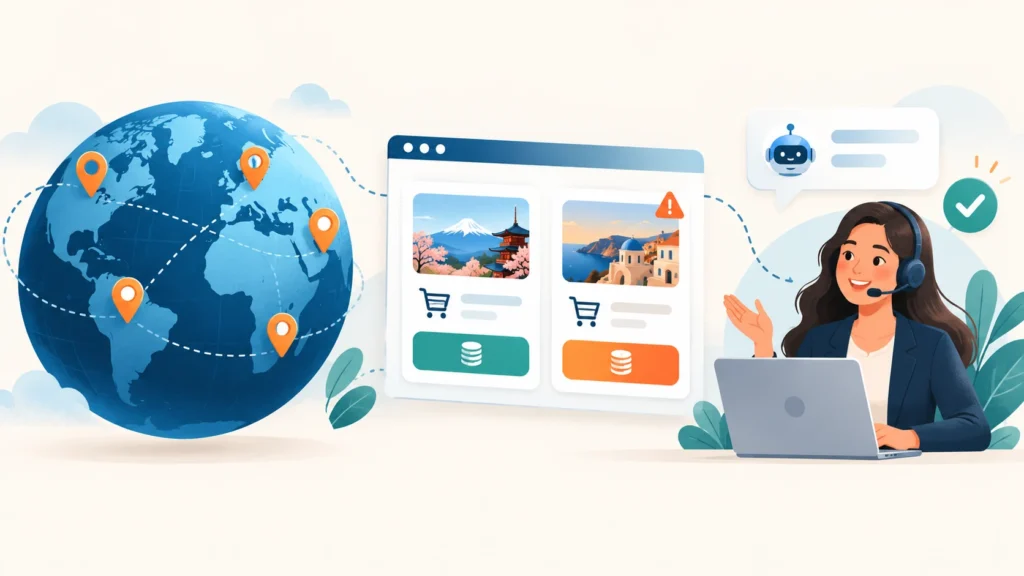 Illustration of a globe, regional website cards, an AI chat bubble, and a customer support agent wearing a headset.