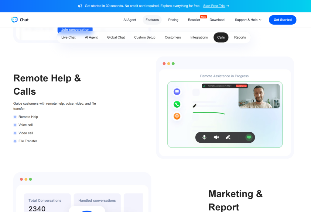 TWT Chat Remote Help and Calls website section with a remote assistance demonstration, video preview, and call controls.
