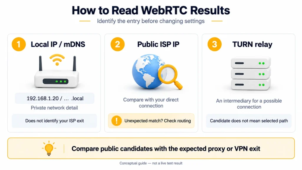 A guide to local IP or mDNS entries, public ISP IPs, and TURN candidates in WebRTC results.