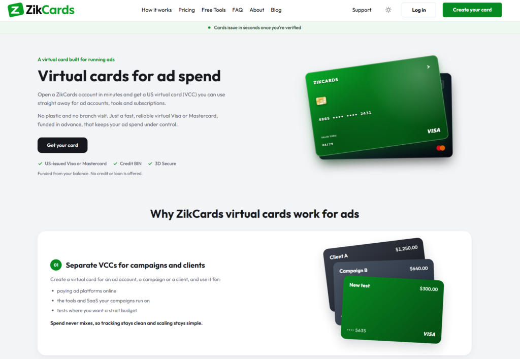ZikCards ad spend page showing US virtual card features and separate cards for campaigns and clients.