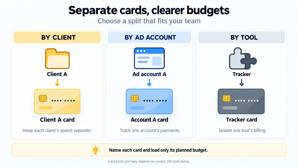 Three ways to organize virtual cards: a separate card for a client, an ad account or a tool, each with its own planned budget.